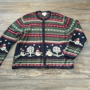Christopher & Banks Hand Embroidered Christmas Snowman Knit Zip Up Jacket
